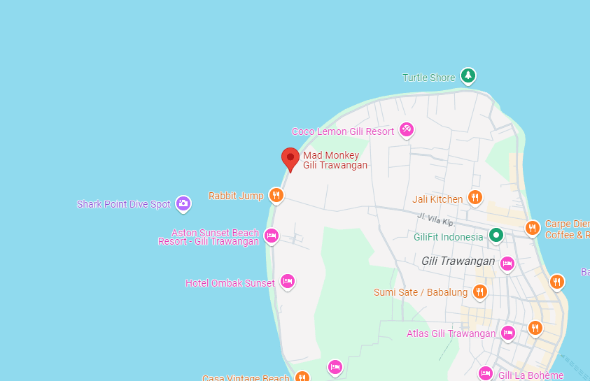 Map showing Mad Monkey Gili Trawangan, Jalan Pantai Gili Trawangan, Gili Indah, North Lombok Regency, West Nusa Tenggara, Indonesia