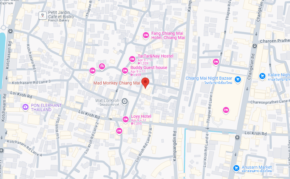 Map showing Mad Monkey Chiang Mai, ซอย 2 Chang Moi Sub-district, Mueang Chiang Mai District, Chiang Mai, Thailand