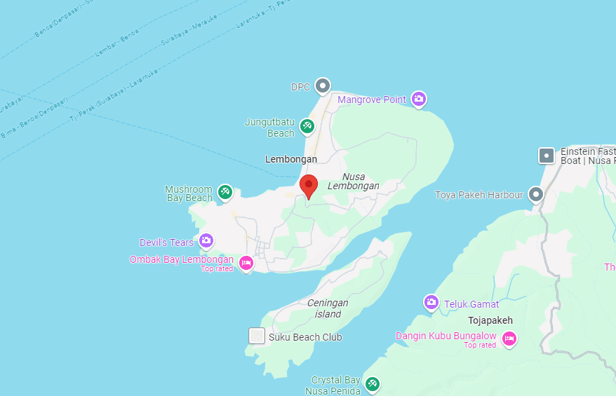 Map showing 8C9X+65X, Jungutbatu, Nusa Penida, Klungkung Regency, Bali 80771, Indonesia