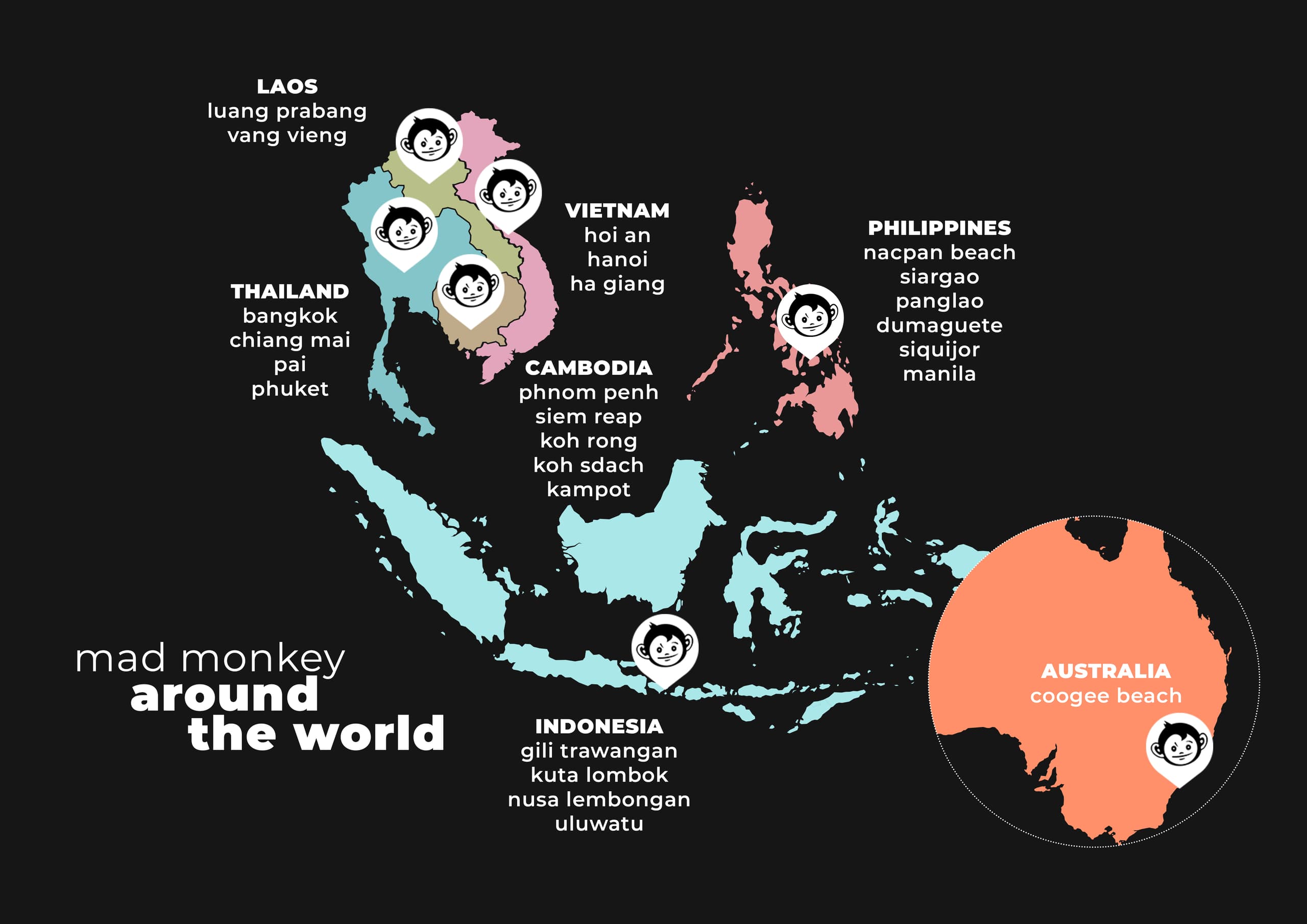 Mad Monkey hostels around the world: Thailand, Laos, Cambodia, Vietnam, the Philippines, Indonesia and Australia